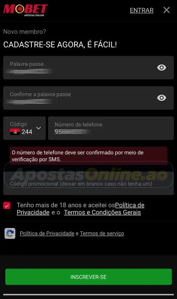 Como criar conta na Mobet Angola 2025 2 - Apostas Online Tela criar conta na mobet 02 apostas online